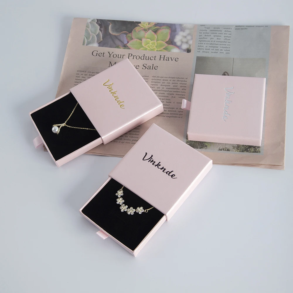 50pcs Pink Custom Logo Luxury Jewellery Case Drawer Sliding Gift  Earrings Necklace Organizer Packaging Box with Black Foam
