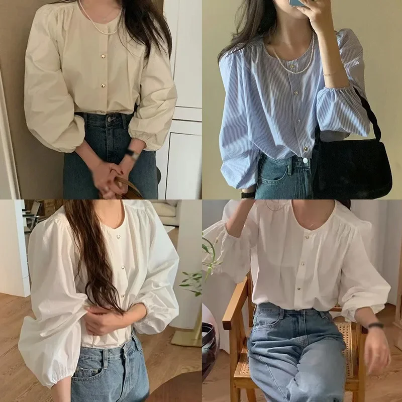 Весенне-летняя полосатая женская блузка с круглым вырезом рубашка длинными