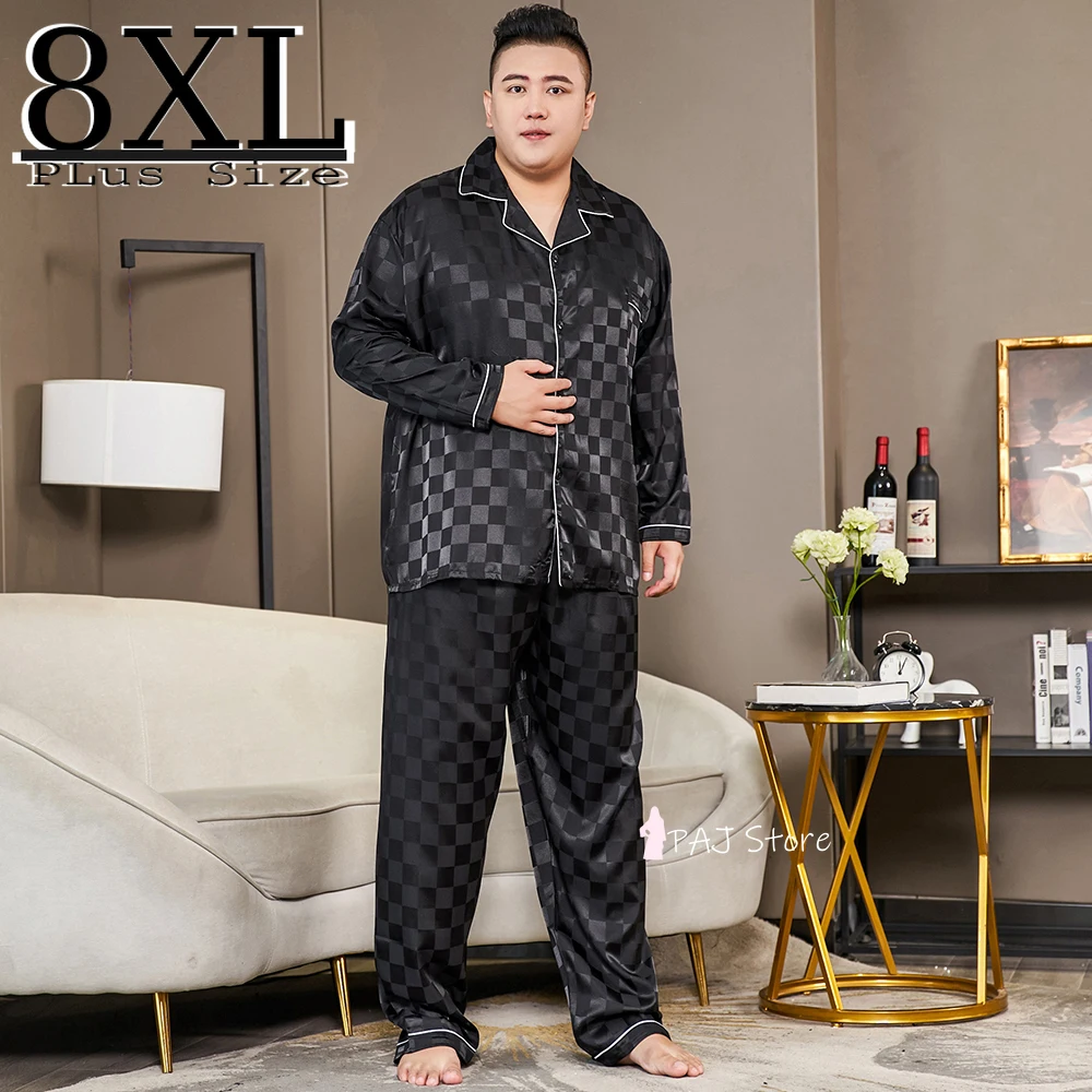 

Men Pajamas Set Silk Satin Long Sleeve Autumn Sleepwear Homewear Men Home Suit Super Large Size 5XL-8XL Top Pyjamas Sleep Pijama