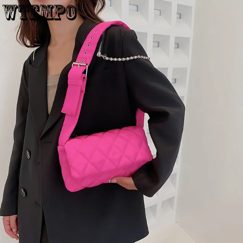 Fashion Padded Quilted Crossbody Bag for Women Solid Color Belt Buckle Shoulder Bag Female Winter Space Cotton Handbags Purse