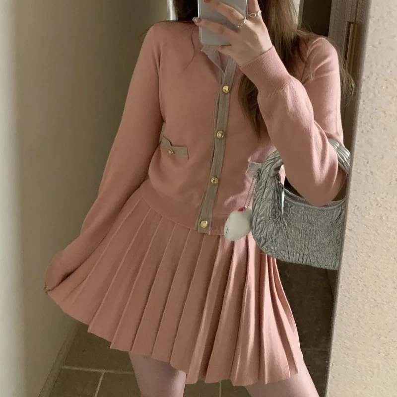 

Korean Women's Two Piece Set Y2K Long Sleeve Slim Knitted Cardigan Tops and A-line Mini Pleated Skirts Suit Sweet Girls Outfits