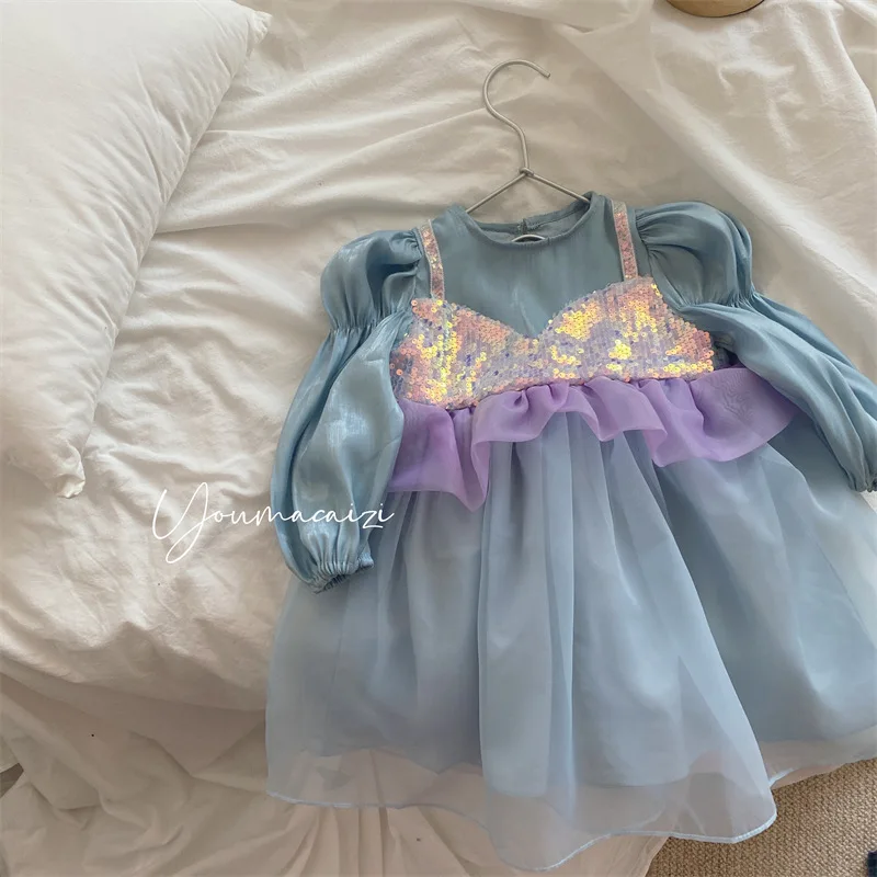 

Новинка Весна 2022 сказочное платье русалки для девочек детское платье с длинным рукавом и блестками