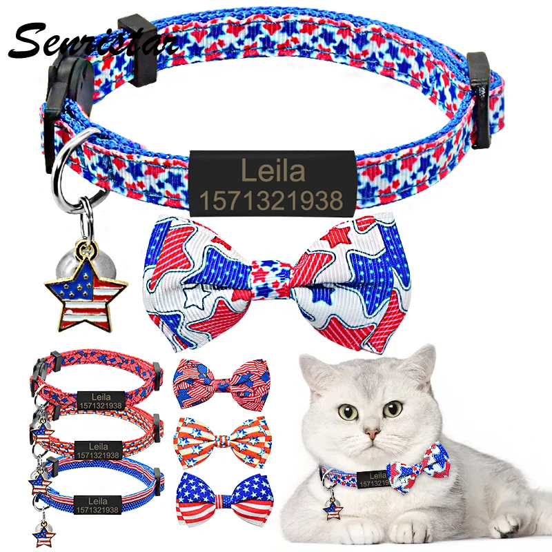 

Flag Bowknot Cat Collar Personalized Nameplate Breakaway Bowtie Cat Collar Bell Necklace Custom Engraved Name Tag Pet Cat Collar