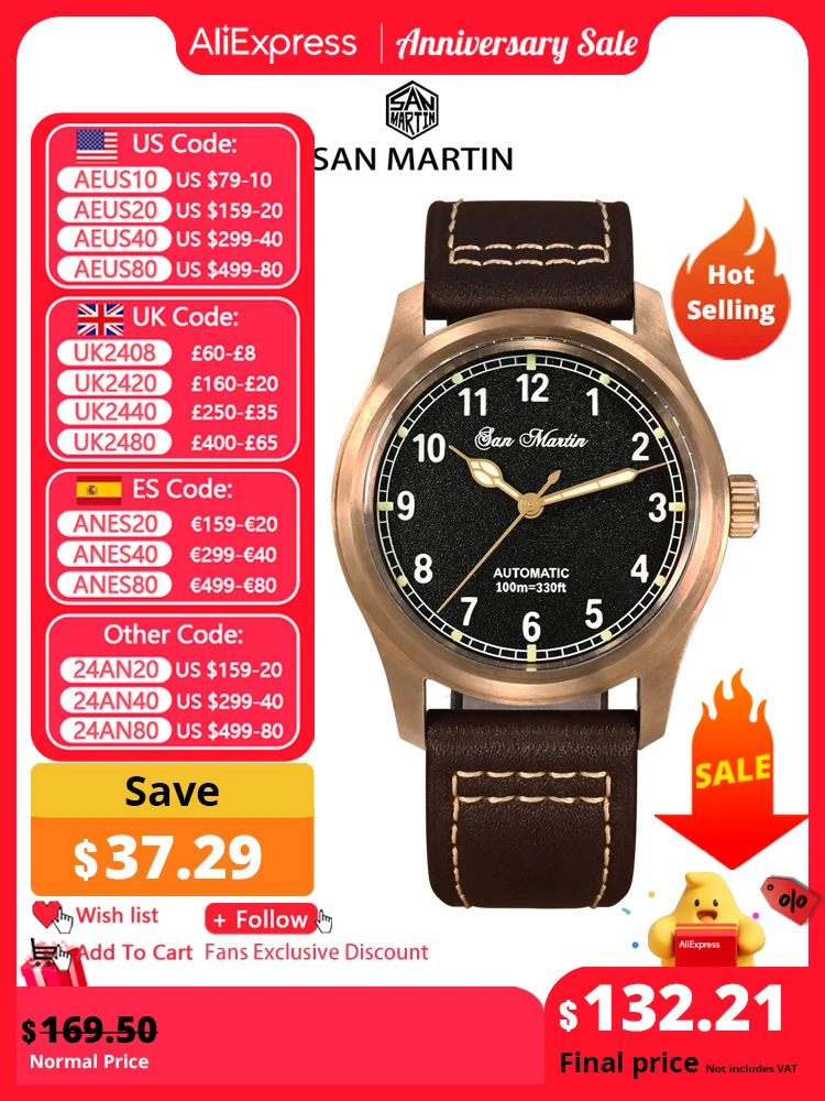 Мужские часы-пилот San Martin, 37 мм, YN55 Cusn8, бронзовые, винтажные ...