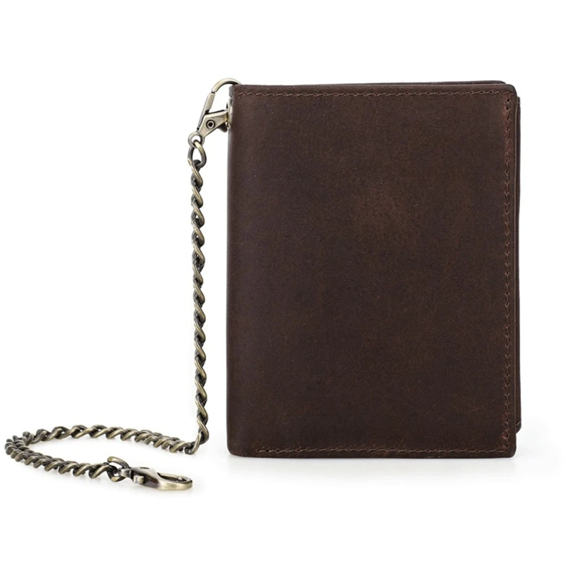 

Head Layer Cowhide Wallet with Chain Men Short Purse RFID Anti-theft Brush Vintage Trifold Wallets Clutch Credit Card Holder