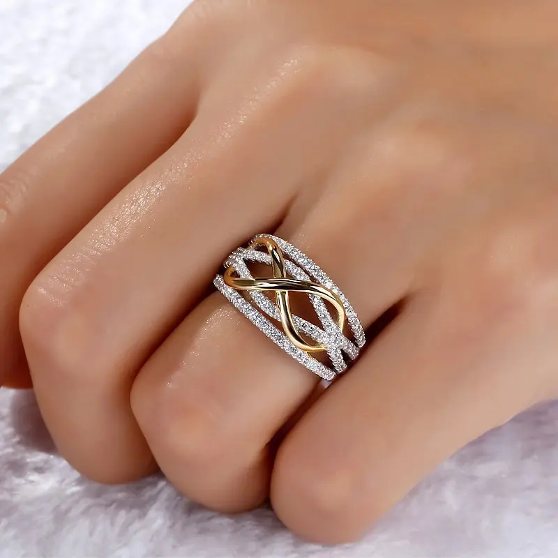 

Classic Wedding Rings for Women Fashion Two Tone X Shape Cross Multilayer Dazzling CZ Ring Female Engagement Anniversary Jewelry