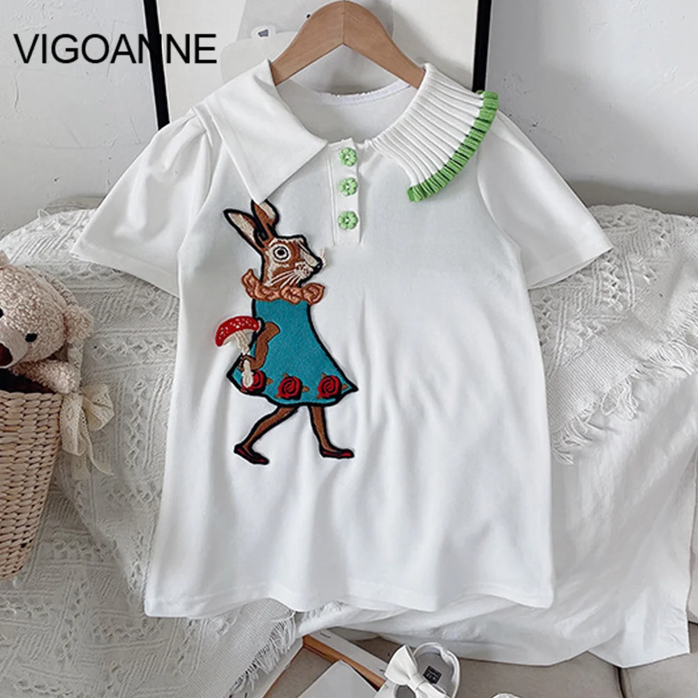 

VigoAnne, платья для девочек с коротким рукавом и мультипликационным принтом 2022, платье с полосатым принтом и неравномерным вырезом, детская од...