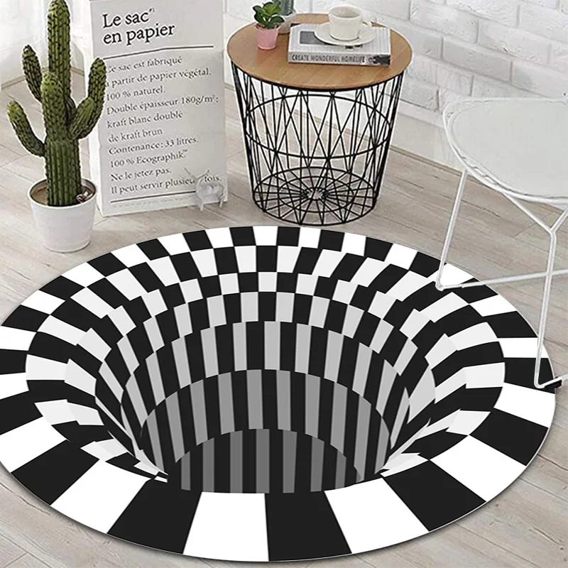

Vortex Illusion Round Rug Black White Lattice Carpet Living Room Kids Room 3D Floor Mat Children Bedroom Soft Kitchen Area Rug