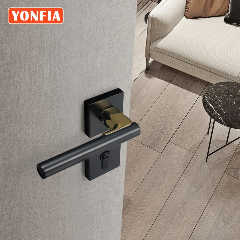 

YONFIA 8141R03 Design Zinc Alloy Matte Black Gold Interior Door Handle Lever Square Bedroom Door Handle Lock For Wood Door
