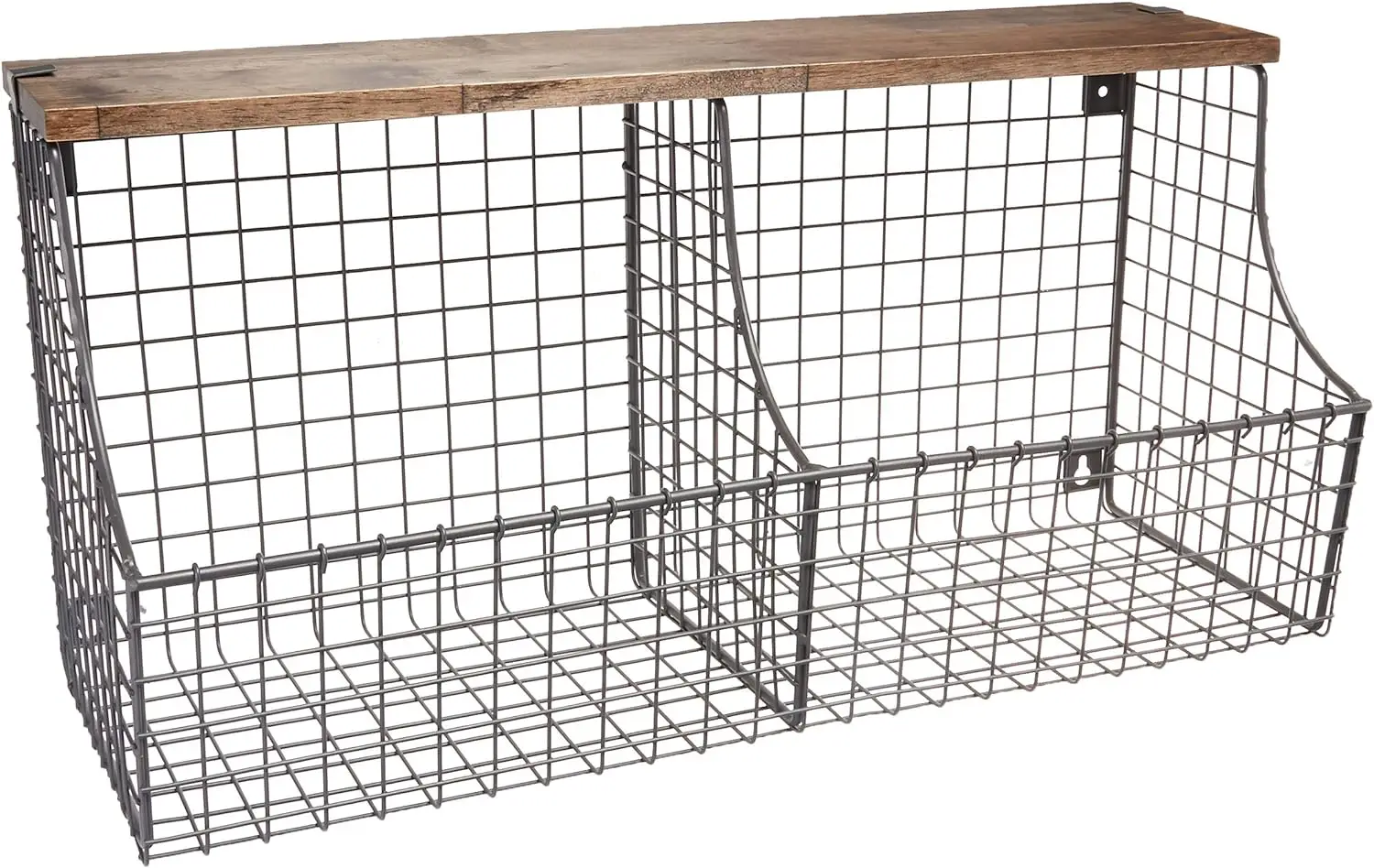 

Double Bin with Wood Storage -Mounted Wire Basket & Wood Shelf, Farmhouse Style Entryway Storage & Organization, Industr