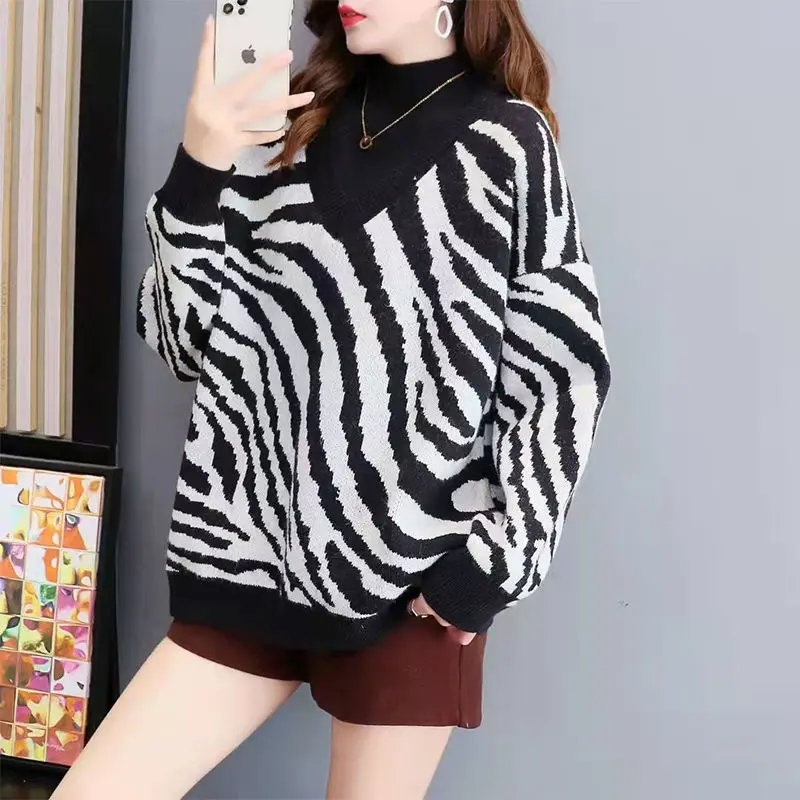 

2022 Women Fashion Animal Print Long Sleeve Loose Crop Knit Sweater Vintage V Neck Long Sleeve Female Pullovers Chic Tops N31