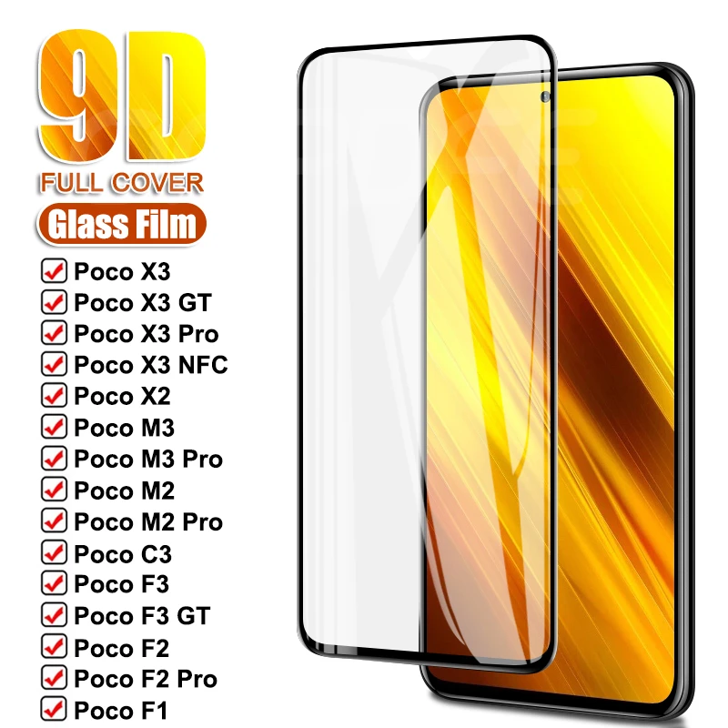 

9D закаленное стекло для Xiaomi Poco X3 NFC F3 GT, Защитное стекло для Xiaomi Poco X3 M3 M2 F2 Pro F1 F3 C3 X2, Защитная пленка для экрана