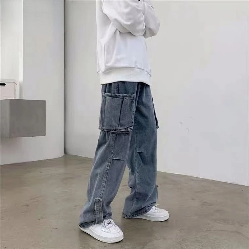Denim Overalls Men's Large Pocket Loose Wide Leg Jeans Casual Spring Autumn Korean Street Fashion Hip Hop Denim