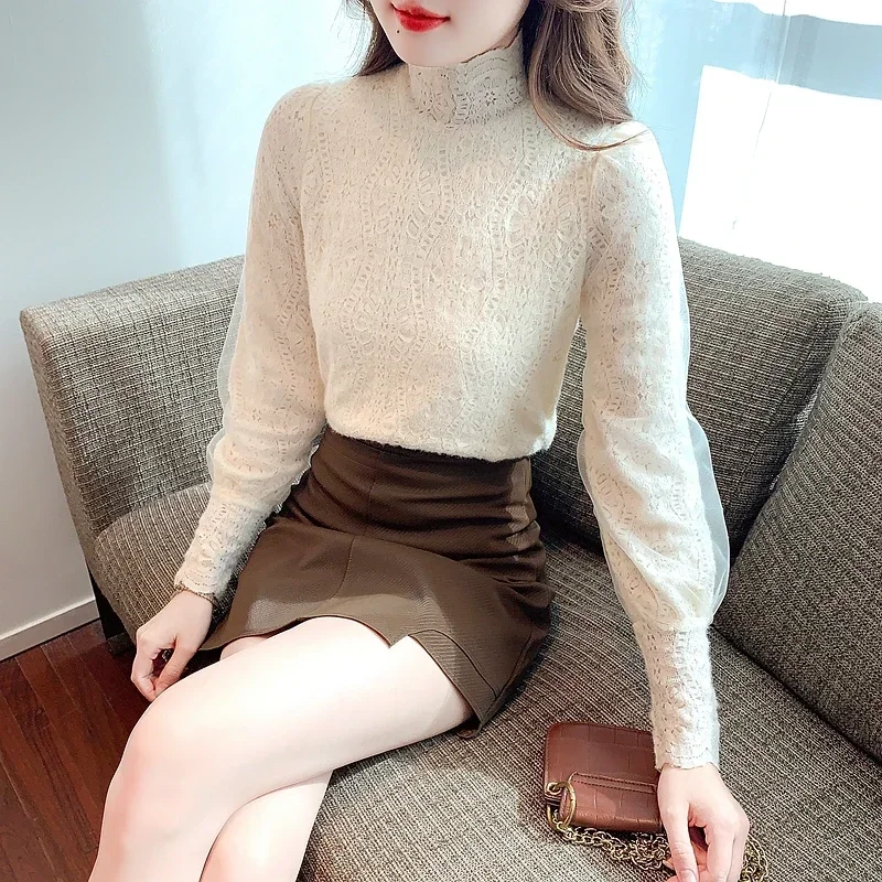Модная кружевная женская блузка с воротником-стойкой и длинным рукавом