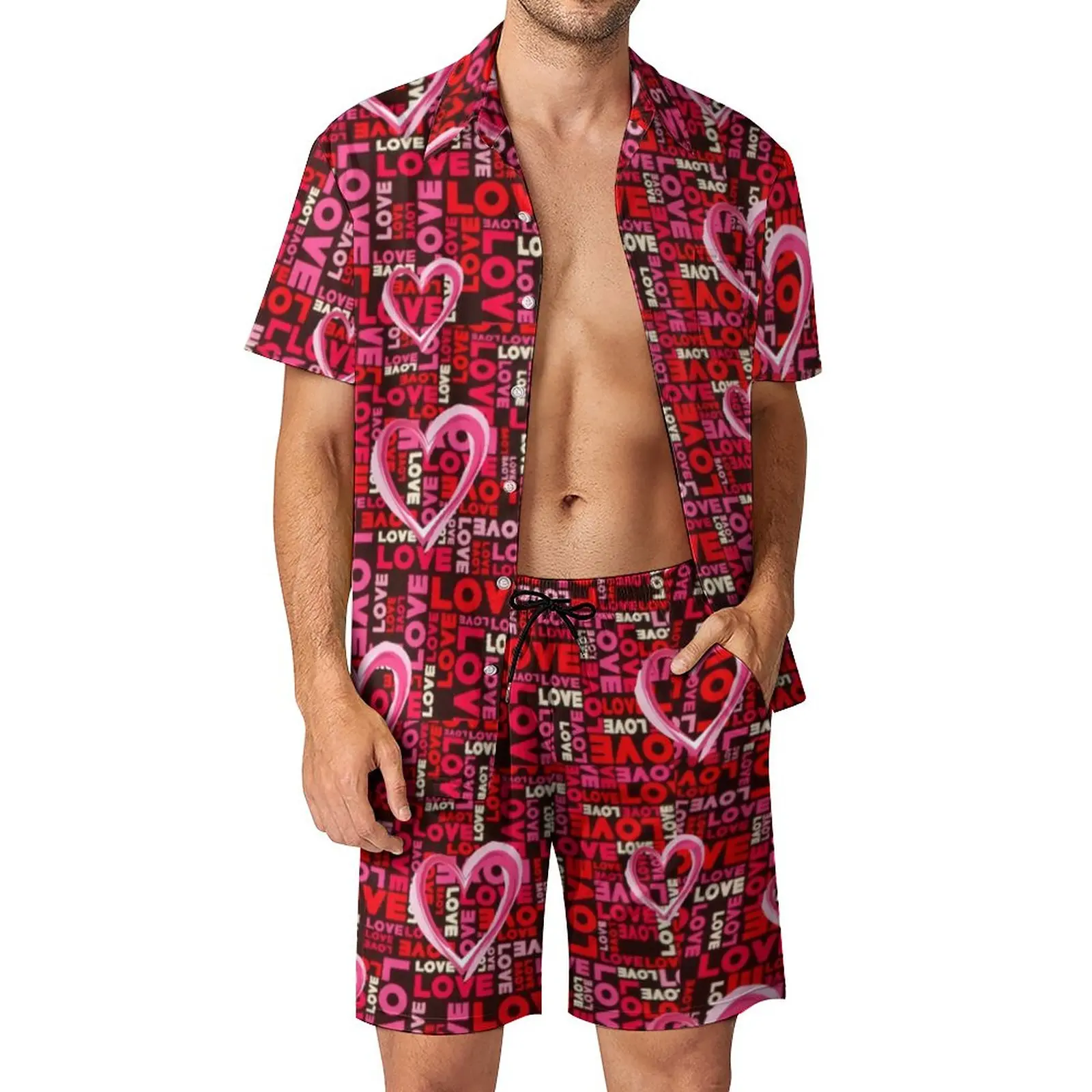 

Принт красное сердце, мужские комплекты, милые повседневные шорты на День святого Валентина, летняя винтажная пляжная рубашка, комплект с к...