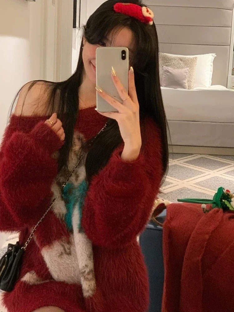 Винтажный свитер Y2k с мультяшными кошками