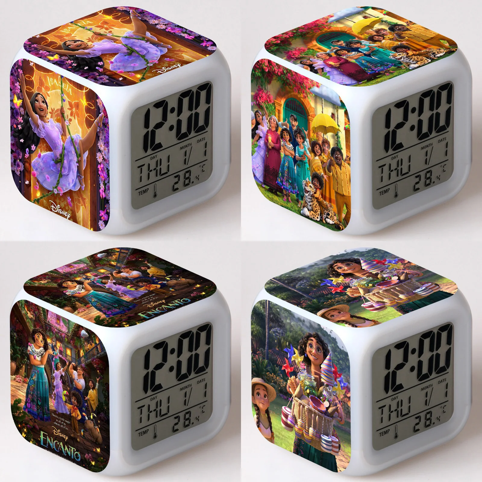 

Disney Encanto Alarm Clock Anime Figure Mirabel Madrigal Glow LED Colorful Flash Clock Children's Toys Temperature Display Clock
