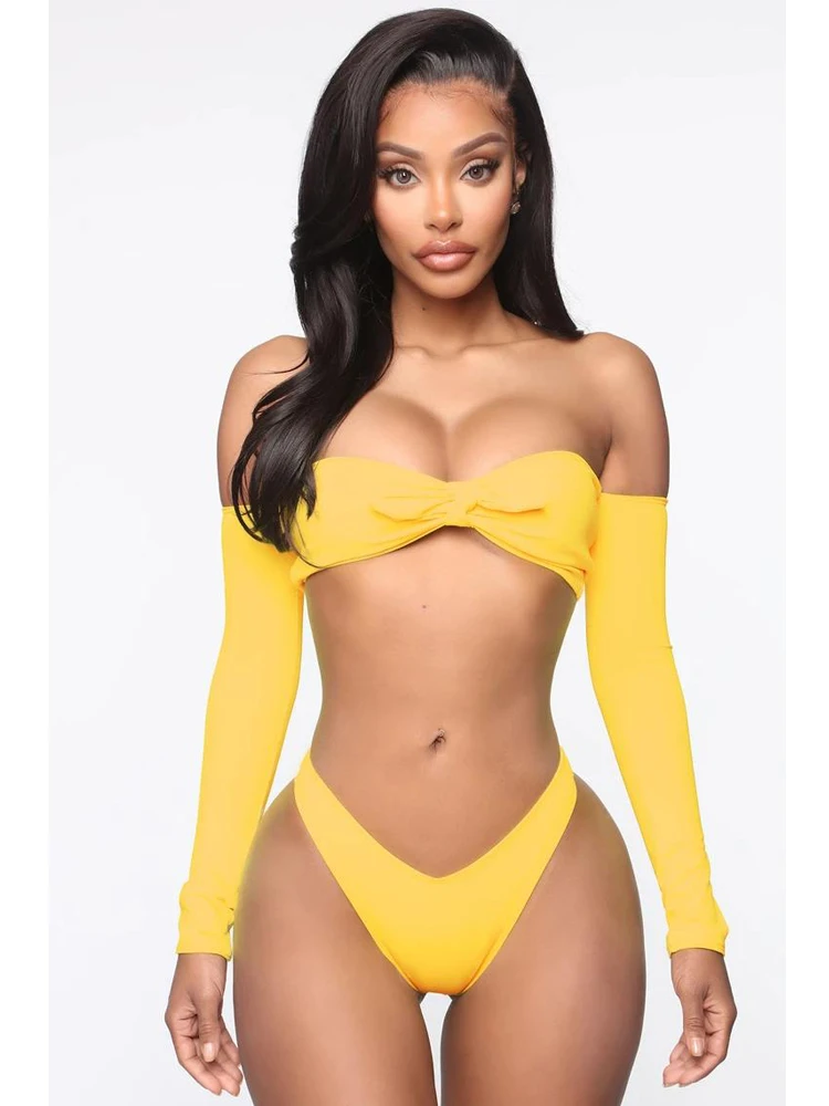 

Ladies two-piece swimsuit two-piece set with long sleeves sunscreen sexy triangle THong swimming backless beach solid color