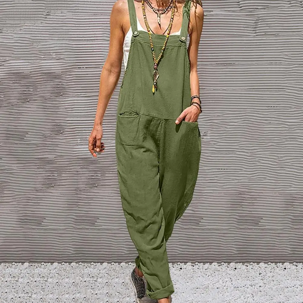 

Women Overalls Solid Color Big Pockets Loose Wide Leg Jumpsuits Cotton Linen Suspender Pants Casual Long Trousers Commuter Wear