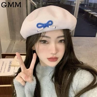 spring summer crochet beret hats for women flat cap solid knit hollow out bow leisure vintage slouchy french artist painter hat