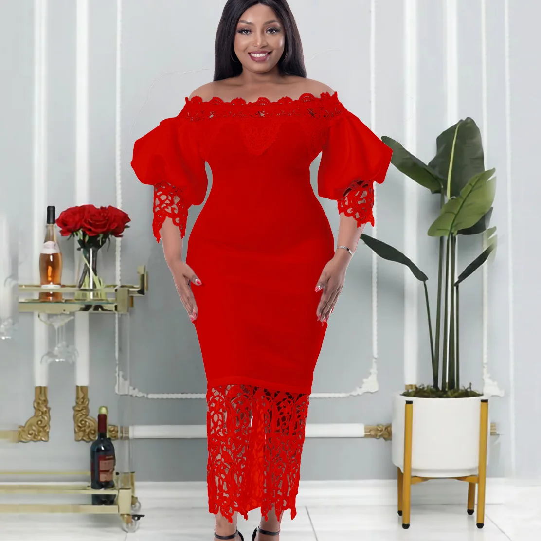 

Sexy Hollow Out Lace Bodycon Long Dress Women Elegant Red/Pink/White Off Shoulder Patchwork Maxi Party Vestidos 2023 Autumn New