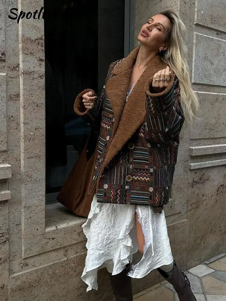 

Женское шерстяное пальто с отложным воротником, винтажная Свободная куртка средней длины с длинным рукавом, модная уличная толстая верхняя одежда, осень-зима