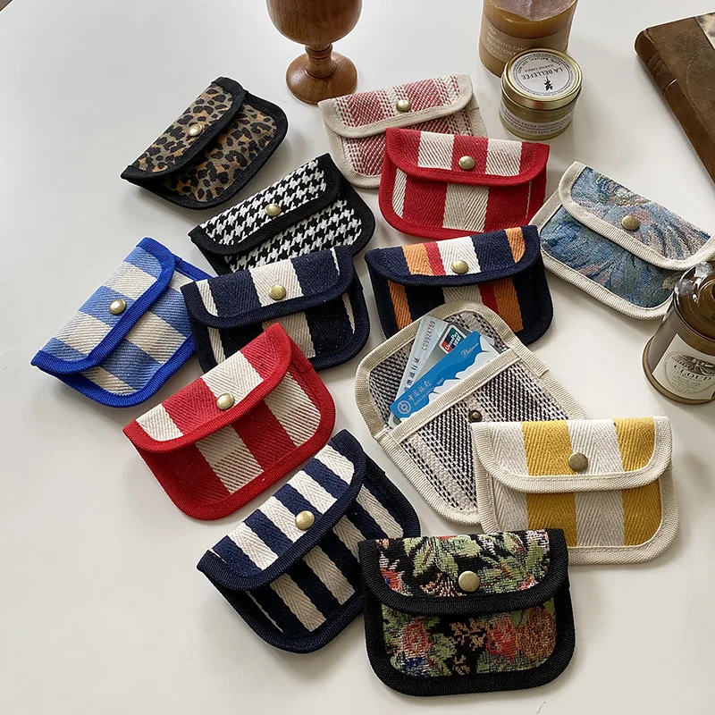 

Striped Plaid Canvas Zero Purse Wallet Coin Key Storage Bags ID Card Holder Portable Hasp Card Bags Cover Headphone Key Storage