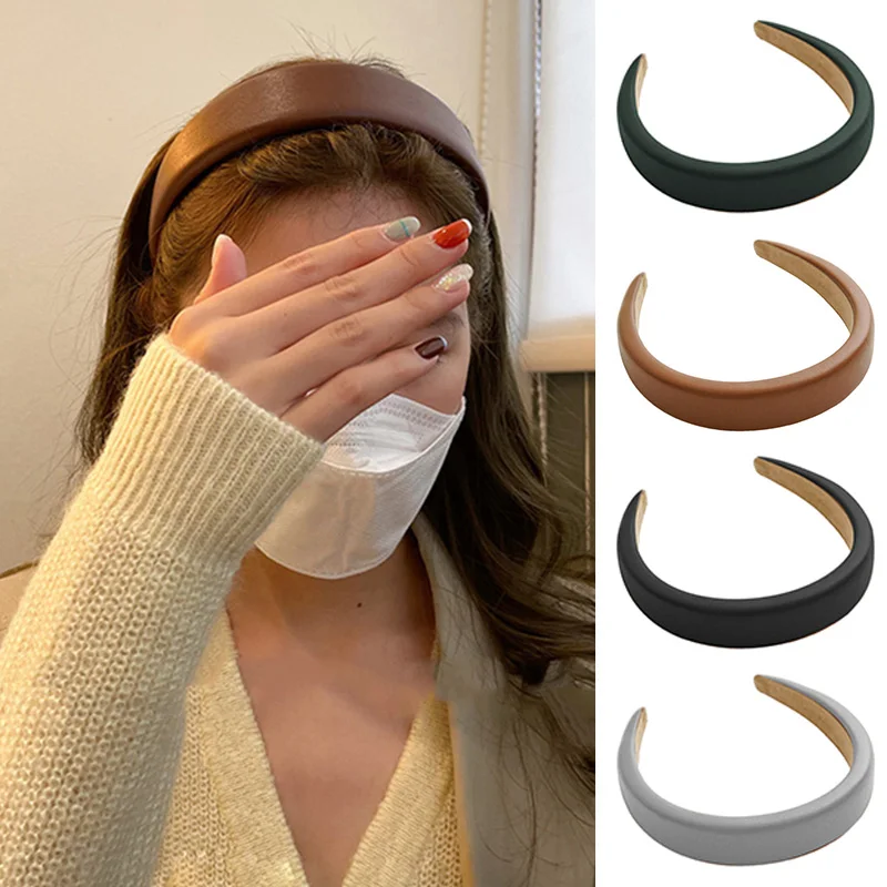 

Vintage Leather Padded Sponge Plain Hairband Headwear Hair Accessories Solid Color Hairhoop Faux Hairbands Wide PU Leather DIY