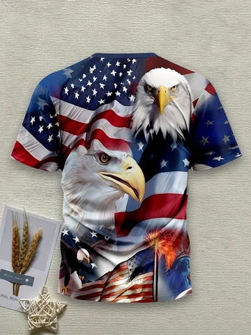Мужская футболка с рисунком патриотического орла - повседневная одежда с 3D принтом американского флага и круглым вырезом из полиэстера, повседневная одежда стандартной посадки