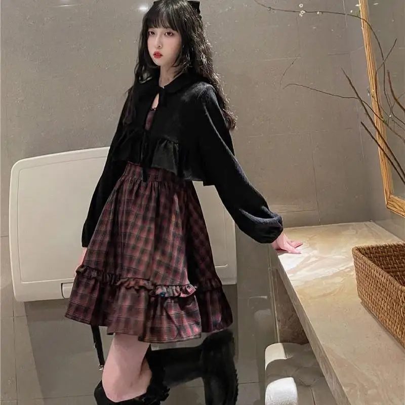 

Y2k Plaid Dress Sets Women Outfits Black Lace Up Long Sleeve Cardigan Teen Girls Ruffles Sweet High Waist Sleeveless Dresse