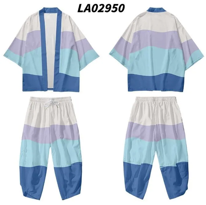 Men Print 2PCS Robe Sets Casual Loose Half Sleeve Kimono Robe Ankle-Length Sleep Bottoms Sleep Suit Large Size S-6XL Home Wear