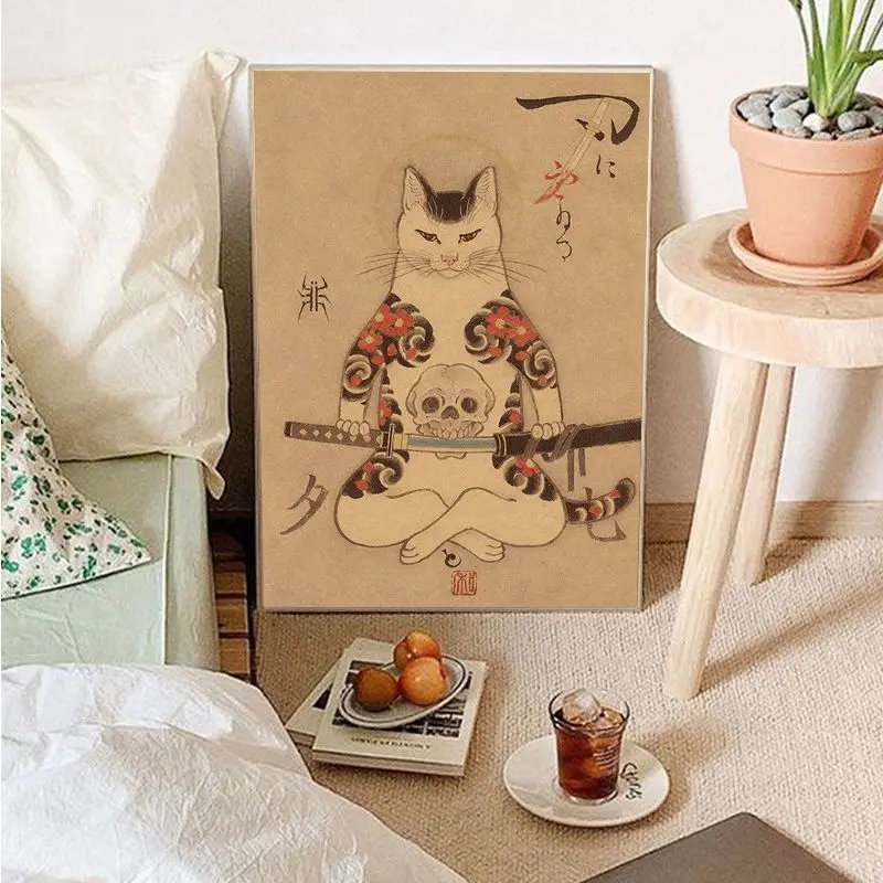 Японская кошка-Самурай в винтажном стиле высококачественные принты и постеры