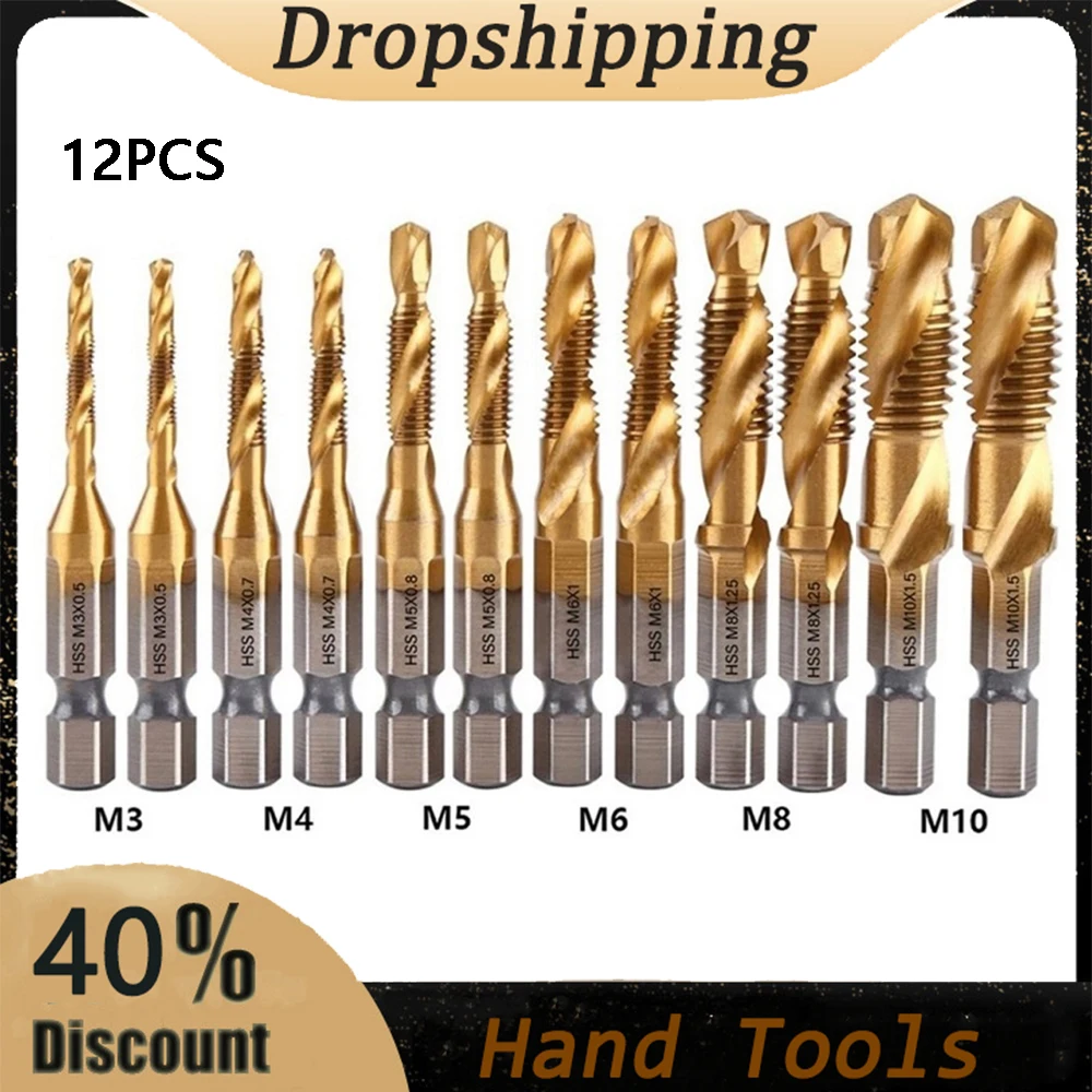 6/12pcs Tap Drill Bit Set Hex Shank Titanium Plated HSS Screw Thread Metric Tap Drill Compound Tap For Metal Steel Wood Plastic