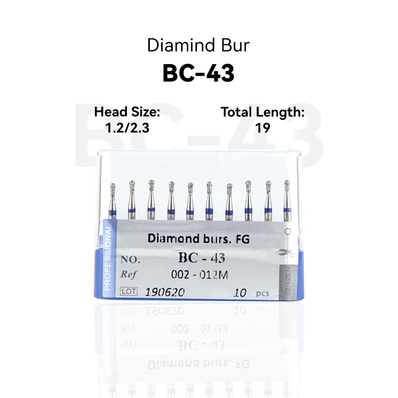 

10pcs Dental Clinic Products BC-43 002-012M Diamond Bur FG High Speed 1.2/2.3 19.0 Blue Medium Intra-oral Material Equipment