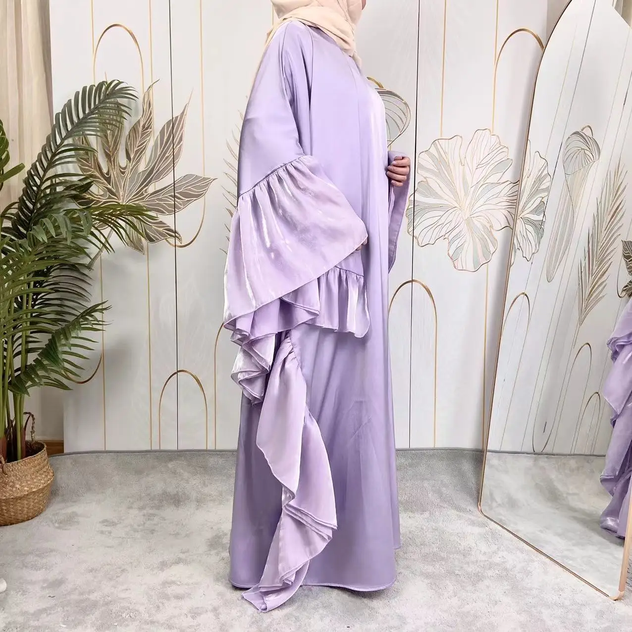 High Quality Islamic Satin Loose Dress Solid Color Popular Wide Hem Muslim Women Maxi Long Dress