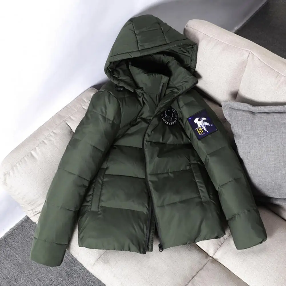 Winter Men Jacket Cotton Padded Anti-static Lining Zipper Placket Patch Coldproof Fluffy Filling Hooded Coat Streetwear