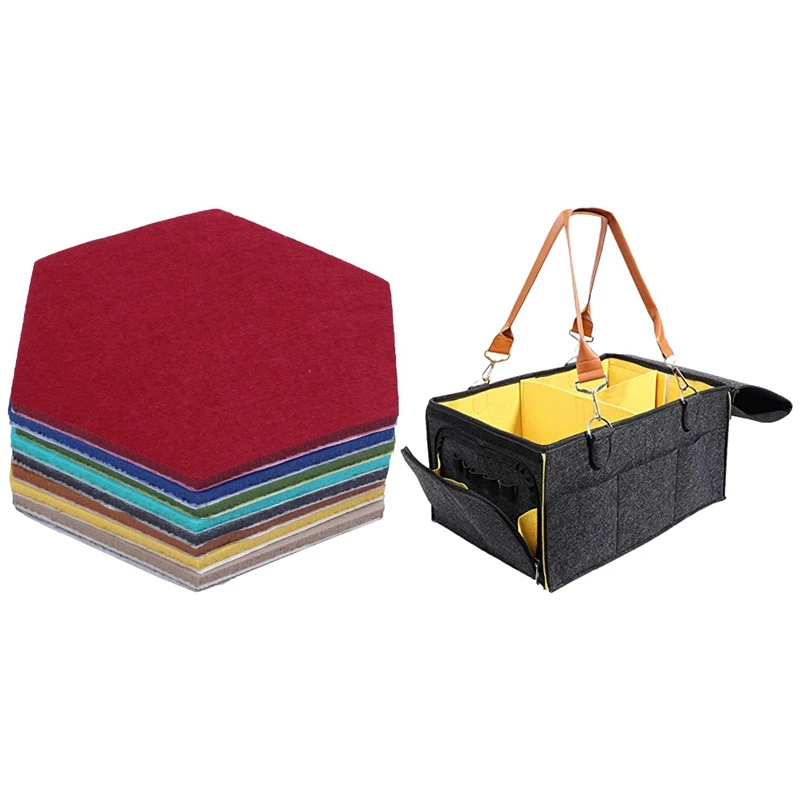 

9 Pcs Hexagon Pad Cork Board/Pin Board,Wall Tiles Memo Felt Board & 1 Pcs Portable Baby Diaper Caddy Organizer Tote
