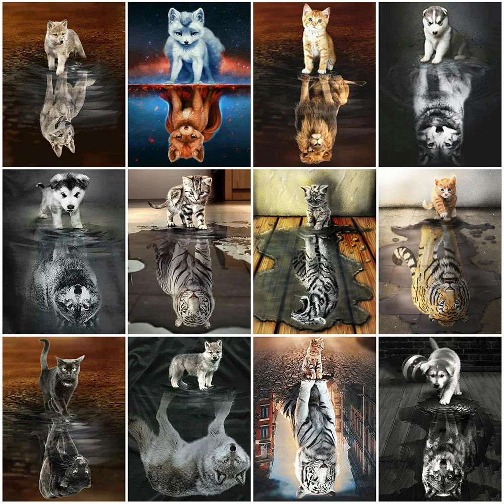 

MomoArt New Arrival Diamond Embroidery Reflection Painting Cat Dog Tiger Animal Mosaic Wolf Cross Stitch Handicraft