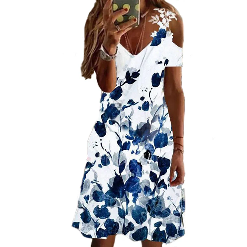 

Woman Dress 2022 Summer Women Short Sleeve V-neck Printing Polyester Knee-length Dress Maxi Dress