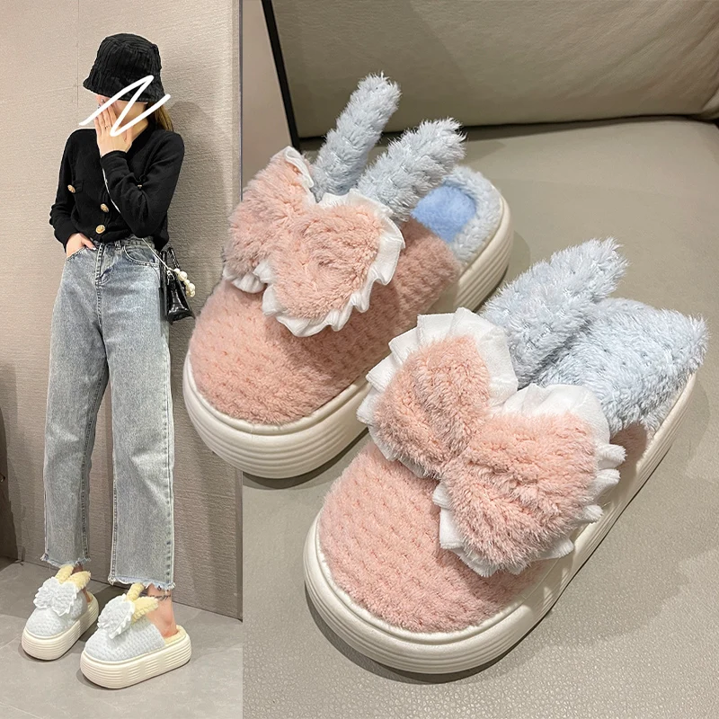 

House Slippers Platform Shoes Women Heels Flock Slides Low Winter Footwear Fur Flip Flops Butterfly-Knot Fashion High Massage Pl