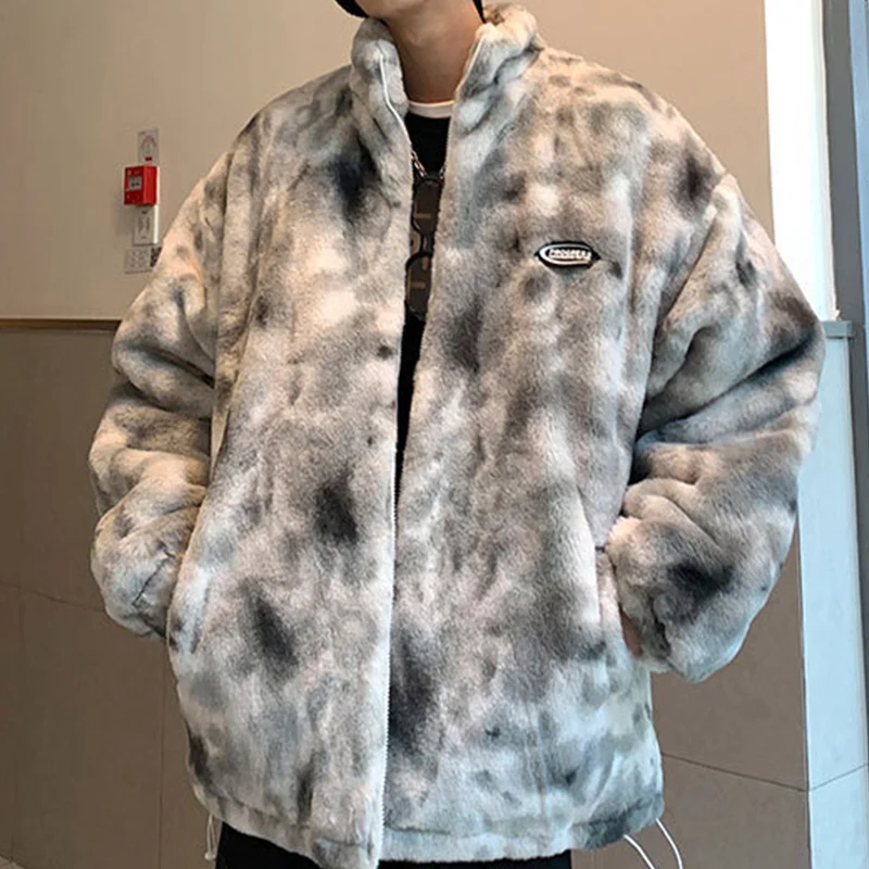Dye Heart Fuzzy Jackets Warm Coats  Casual Zipper Coats Hip Hop Winter Faux Fur Fleece Jacket Streetwear Men Harajuku Tie