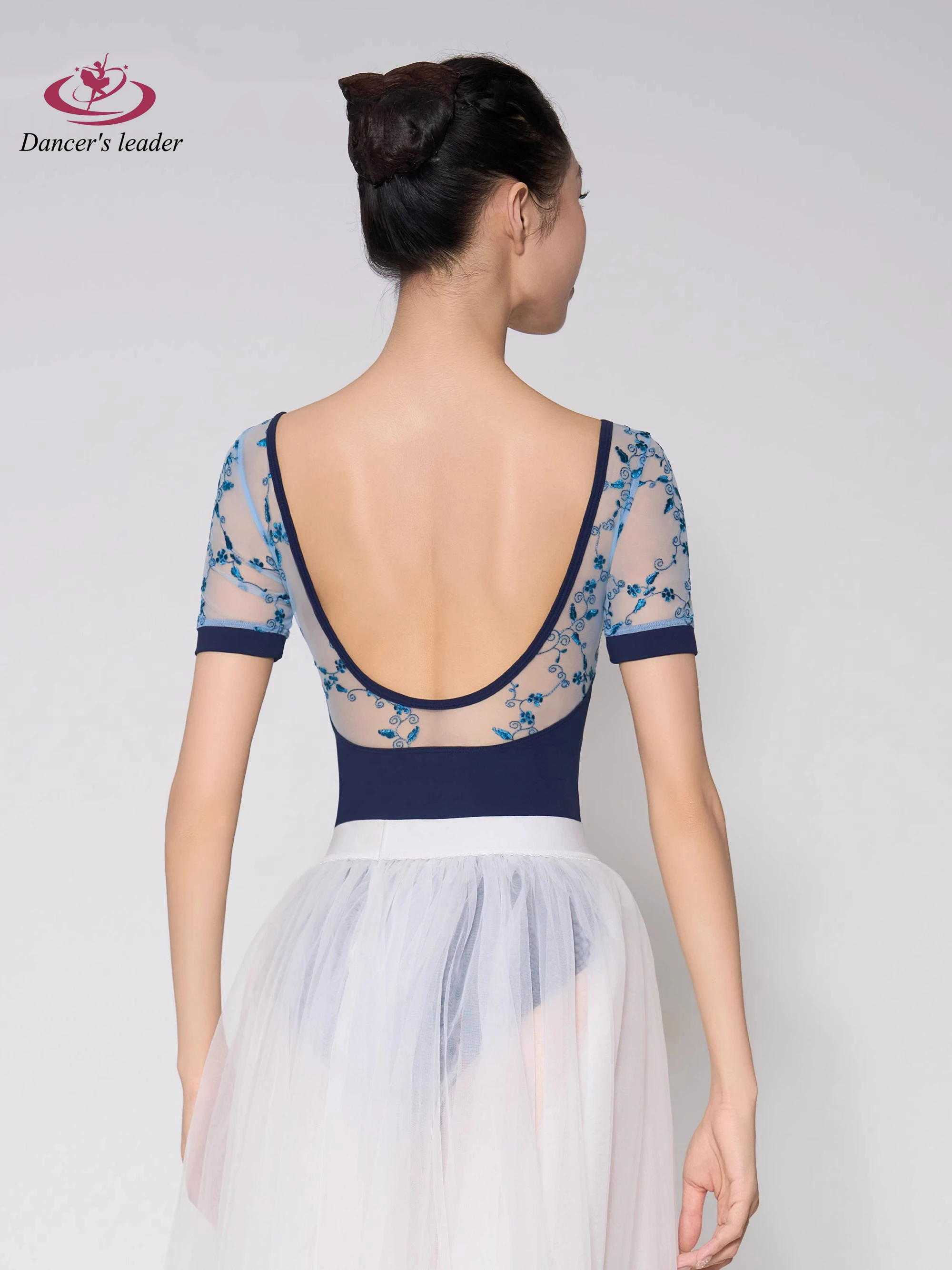 Балетное трико с синей стереоскопической вышивкой сетчатая гимнастическая