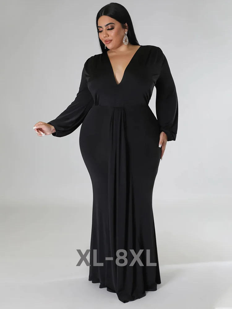 Plus Size Party Dresses for Women Long Sleeve Stretch Sexy v Neck Elegant Maxi Dress Fall Clothes Whol 3xl 4xl 5xl 6xl