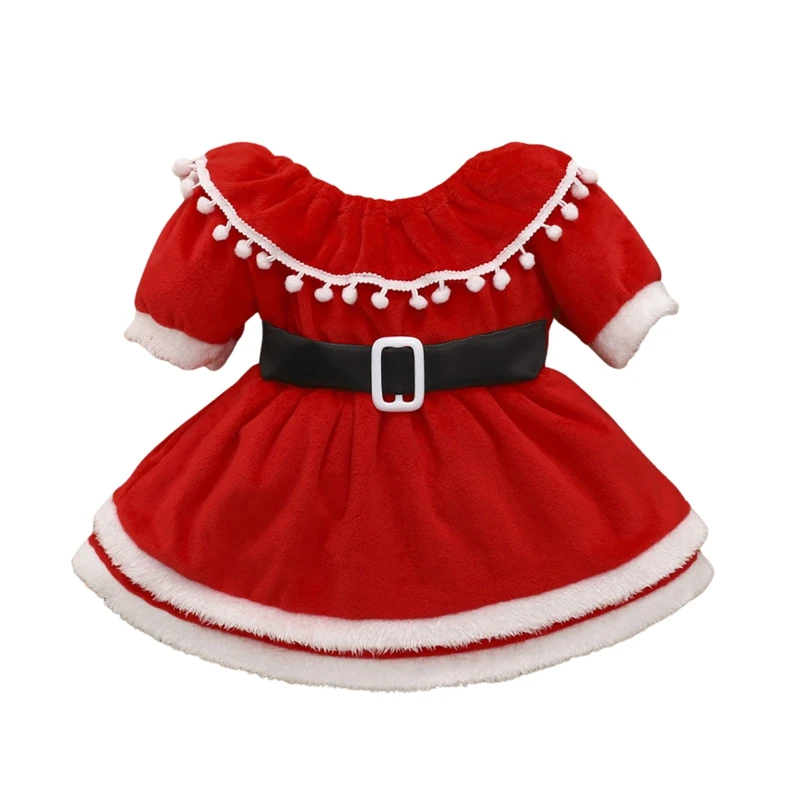 

Pudcoco 6M-5Y Dress Christmas Red Off-the-Shoulder Red O-Neck Lapel Ball Gown Princess Sweet with Belt Tassel Sundress