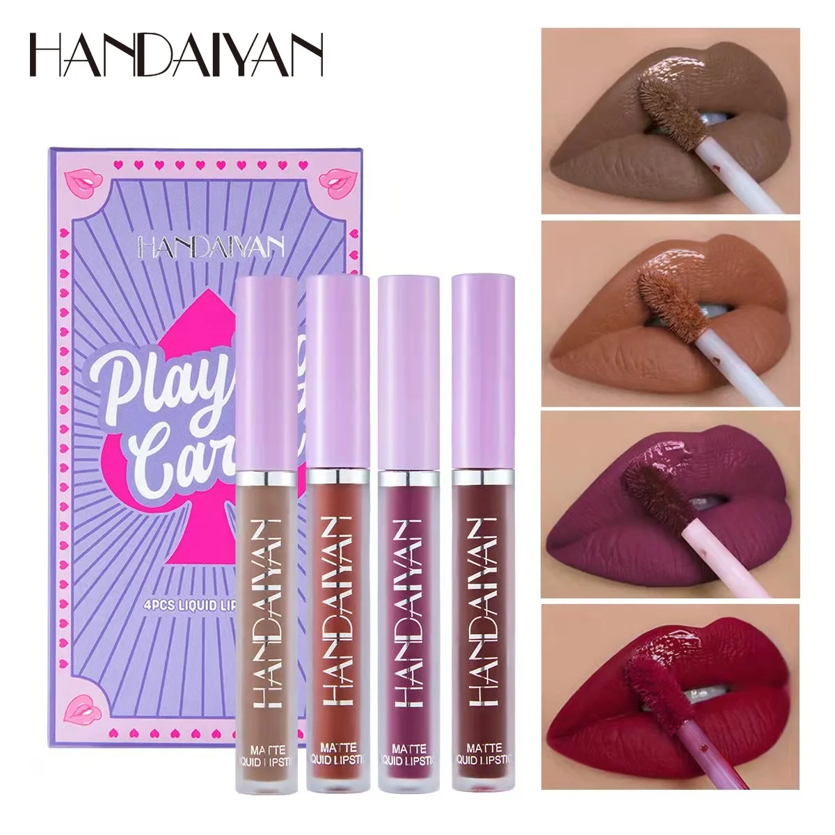 

HANDAIYAN Lipgloss Makeup Liquid Lipstick 4 Colors Playing Cards Matte Velvet Non-stick Long Lasting Sexy Girl Lipgloss Cosmetic