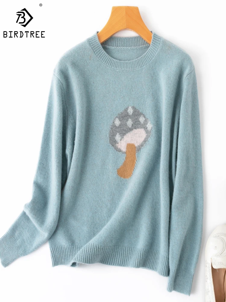 

Birdtree 50% Wool 50% Raccoon Fur Pullover Sweater Round Neck Long Sleeves Loose Simple Soft Warmth Knitting Fall New T30652QD