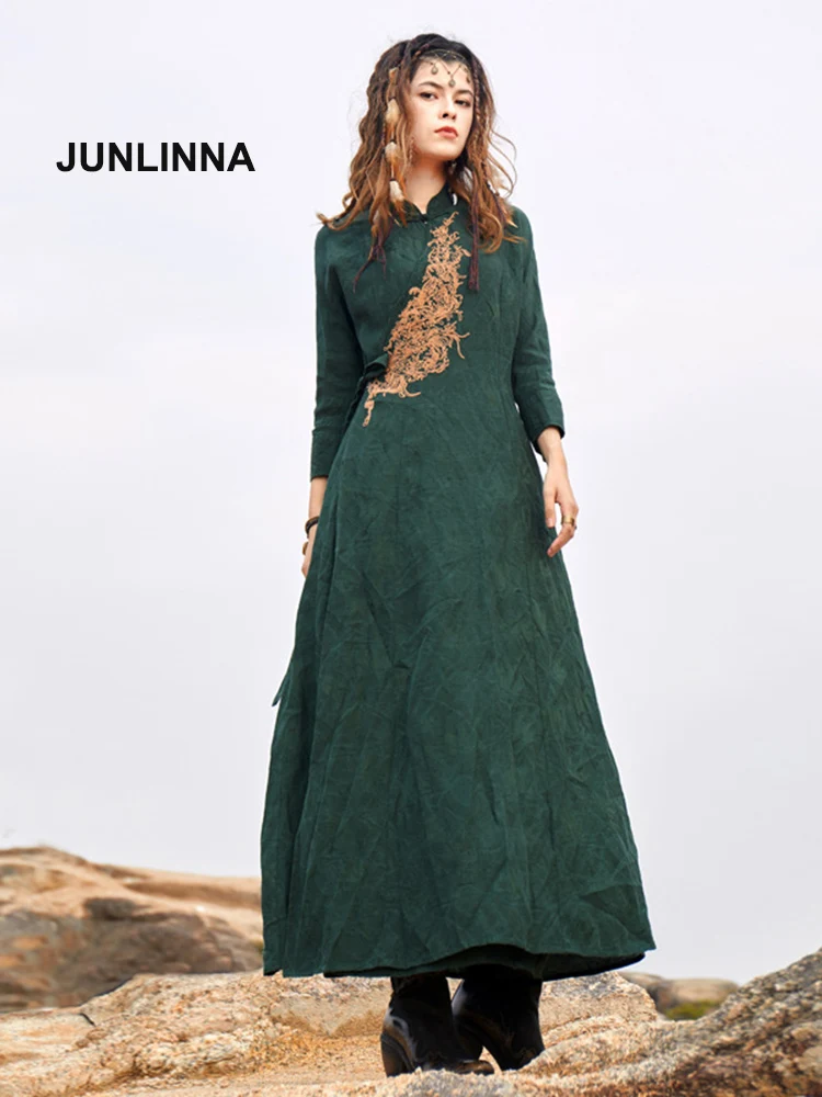 

JUNLINNA Tencel Linen Women Dresses 2022 Summer Vintage Vestidos Stand collar Embroidery Dress