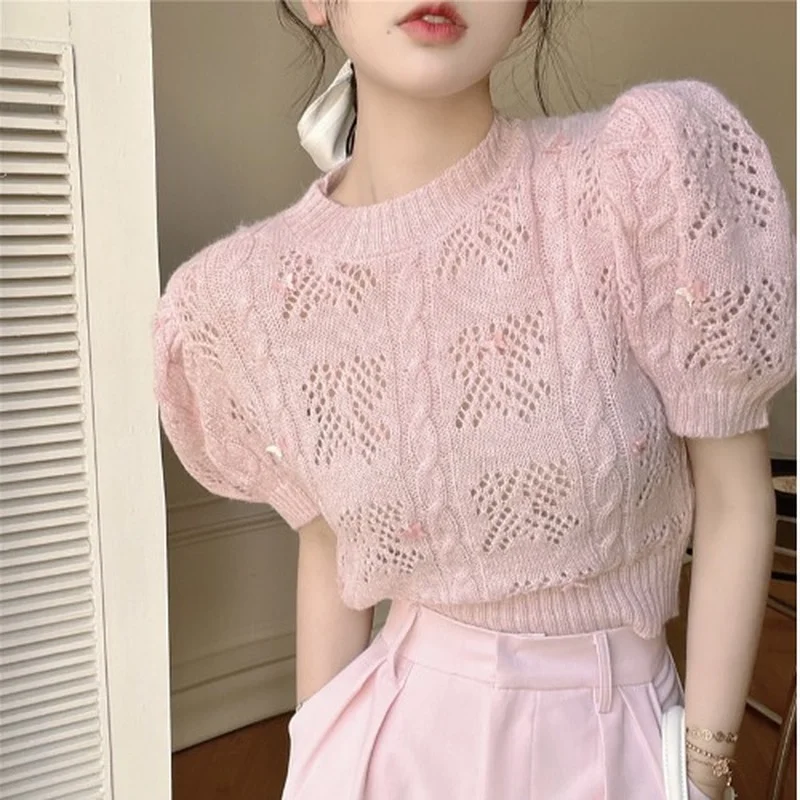 

2022 Spring and Summer New Fashion Tops Puff Sleeves Knitted Chic T-shirts Pink for Sweet Girl