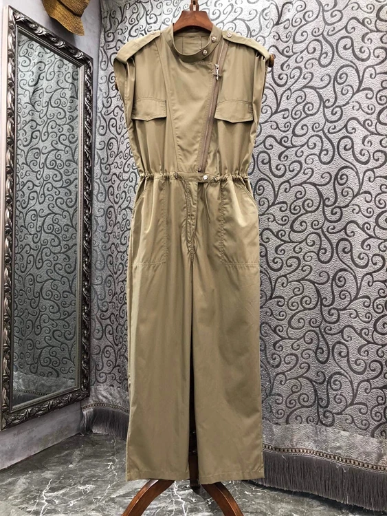 

2022 new women fashion round neck symmetrical pockets solid color decorative drawstring waist sleeveless jumpsuit 615