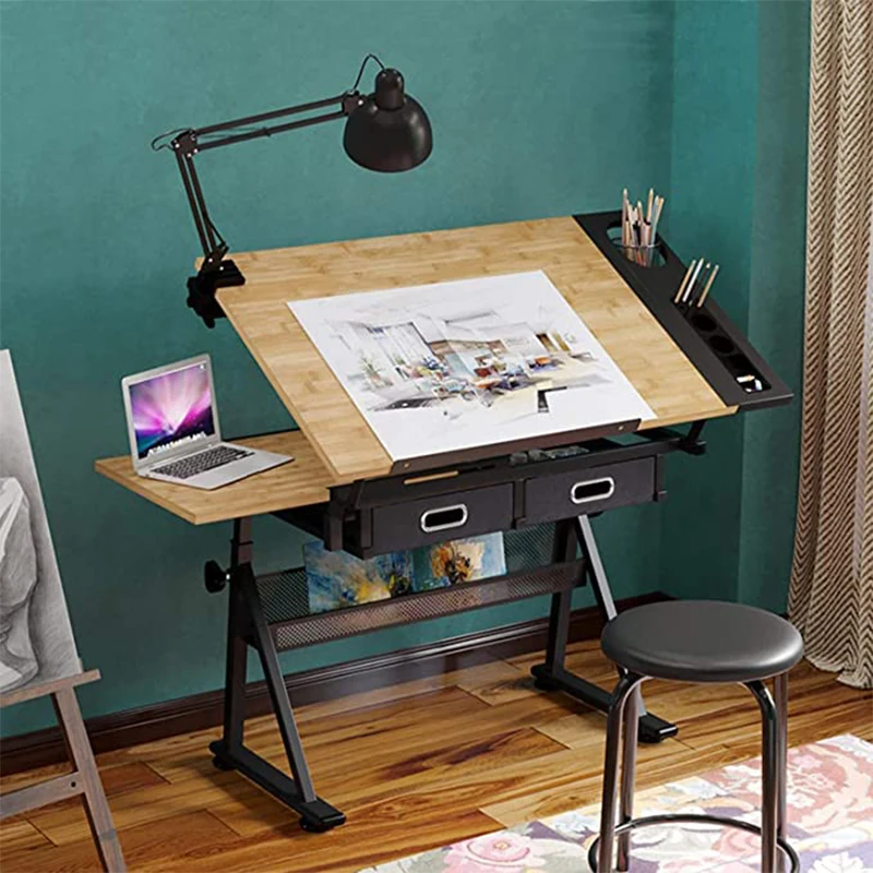 

Dripex Drawing Table Height-Adjustable Desk with Tilting Table Top &Stool&2 Drawers for Office Study for Architects and Artists